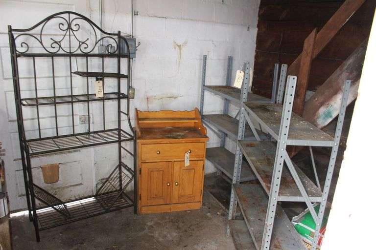 Bakers Rack, Wooden Cabinet, and (2) 4-Section Metal Shelves image