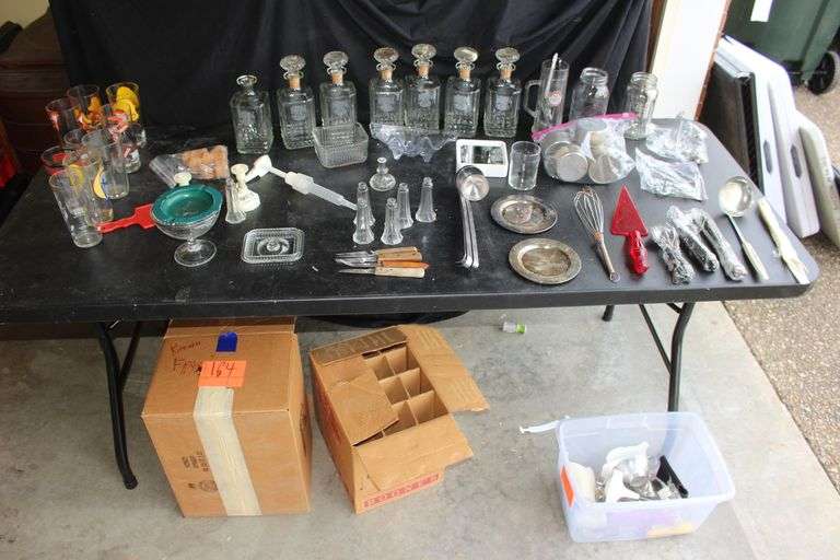 Evan Williams Glass Decanters, Glass Jars, Salt and Pepper Shakers, Candy Dishes, Decorative Glasses, Silverware, Bottle Openers, and Misc. image