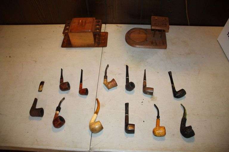 (2) Pipe Stands, Humidor, and (12) Pipes image