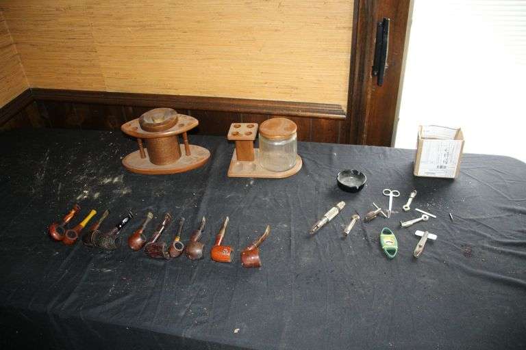 (2) Pipe Stands with Humidors, (10) Pipes, and Misc. Pipe Accessories image