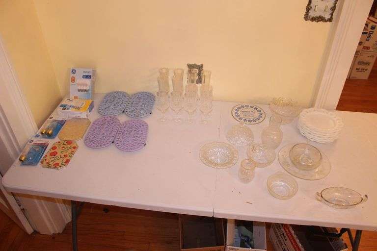 Glass Snack Plate and Cup, Candy Dishes, Milk Glass Serving Plates, Trivets, Lightbulbs, and Misc. Glassware image