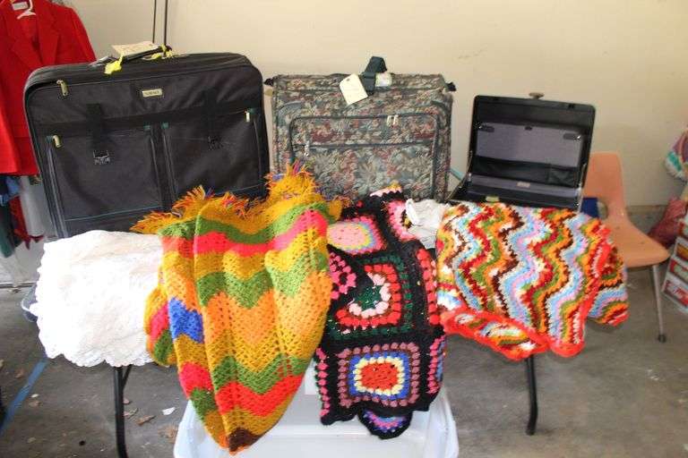 (2) Soft Shell Suitcases, Hard Shell Briefcase, and Afghans image