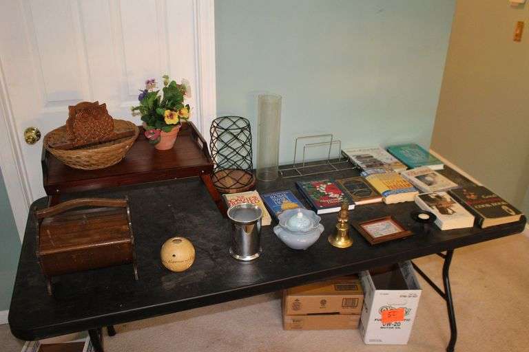 TV Dinner Tray, Napkin Holder, Toilet Paper Rack, Wicker Basket, Books, Bell, Sewing Basket, and Misc. image