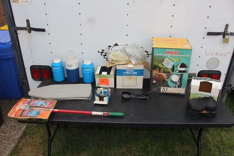 (3) Water Coolers with No Lids, Quick Edge Lawn Edging, Indoor Ceiling Light, Ironing Board, Solar Lights, and 9 Ft. Light Hanging Kit image