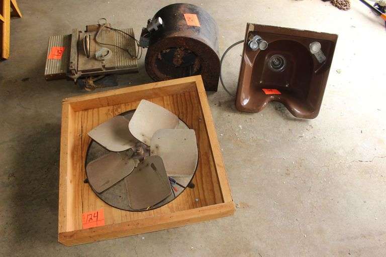 Sears and Roebuck Small Table Saw, Beautician Sink, Electric Fan, and Electric Blower image