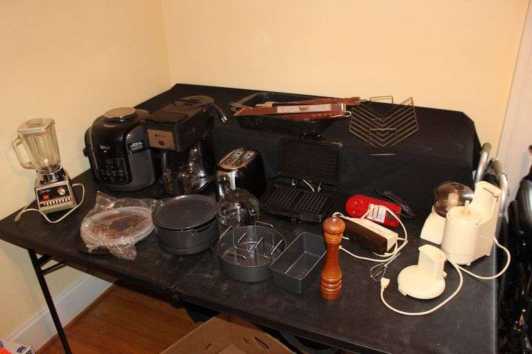Osterizer Blender, Bunn Coffee Maker, Ninja Cooker, Mixer, Dicer, Grilling Utensils, Waffle Maker, and Misc. image