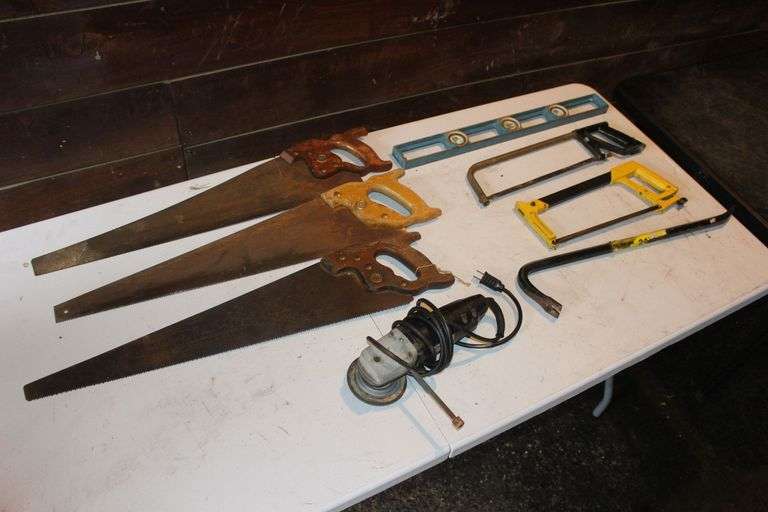 Hacksaws, Handsaws, 24 Inch Crowbar, Level, and Black and Decker Professional Grinder image