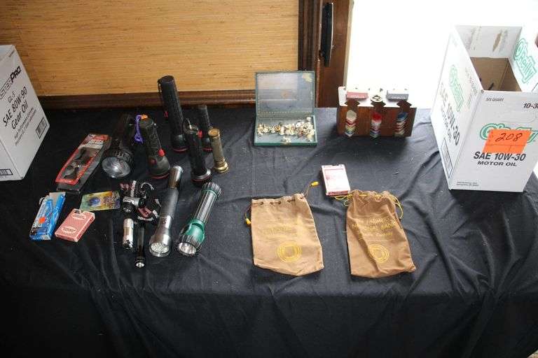 Poker Chips, Playing Cards, The Farmers National Bank Money Bags, Flashlights, Head Light, and Belt Clip image