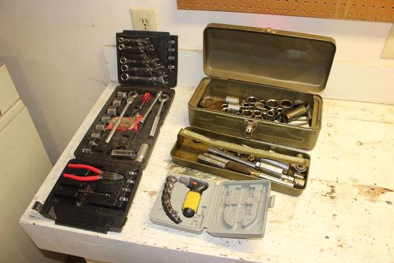 Metal Tool Box, Sockets, Extensions, Nutdrivers, and Misc. Tool Sets image