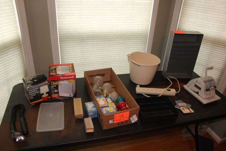 Paymaster Ribbon Writer, Bulbs, Organizer, Bucket, Ceramic Heater, Electric Cord, Snake Light, and Misc. image