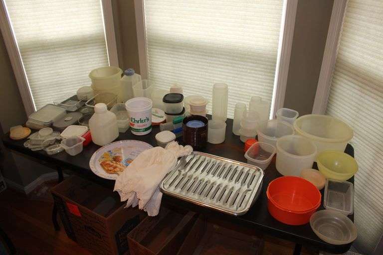 Tupperware Bowls, Lids, Containers,  Pitchers, Plastic Bowls, Platter, Doll, and Misc. image