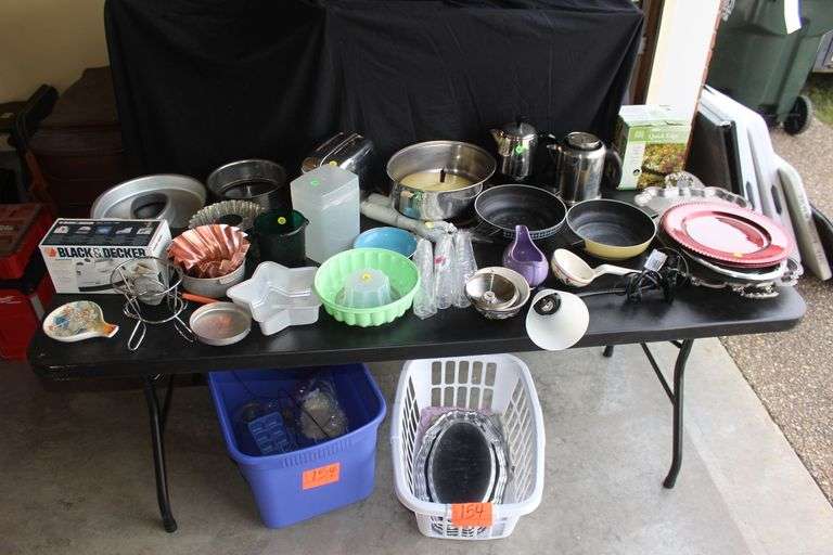 Cake Molds, Toaster, Black and Decker Iron, Charters, Serving Trays, Stainless Pitchers, Desk Lamp, Strainers, and Misc. image