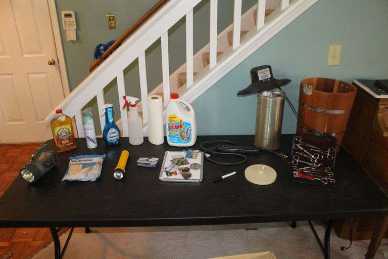 Flash Lights, Cleaning Supplies, Wine Bottle Opener, Magnets, 1/4 In. Bosch Staples, White Board, RCA Ice Cream Maker, and Misc. image