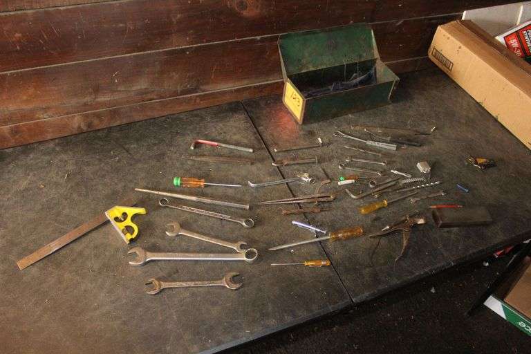 Combination Wrenches, Screwdrivers, Files, Drill Bits, Metal Tool Box, Taps, and Misc. image