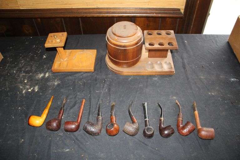 (2) Pipe Stands, Humidor, and (10) Pipes image
