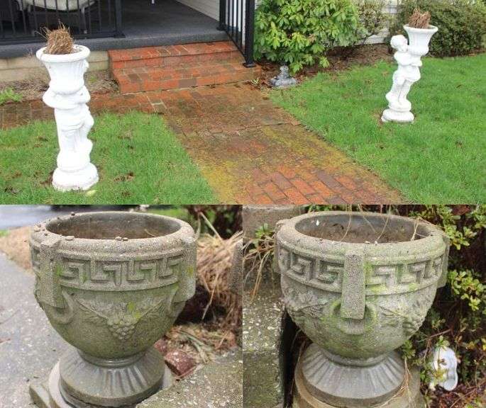 (2) Concrete Flower Pots and (2) Concrete Statues with Flower Pots image