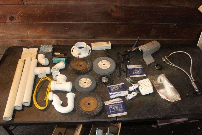 Pipe Fittings, PVC Pipe, Grinding and Wire Wheels, Mirror Mounting Clips, 2 Inch Hardwood Flooring Nails, Electrical Boxes, and Misc. image