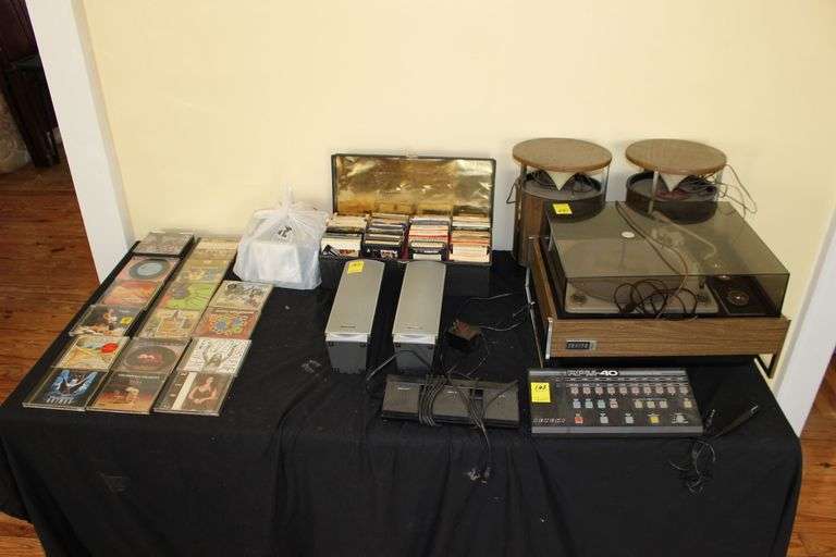 8 Track Tapes, CDs, Suzuki RPM-40 with Foot Pedal, (2) Panasonic Speakers, and Zenith Record Player with (2) Speakers image