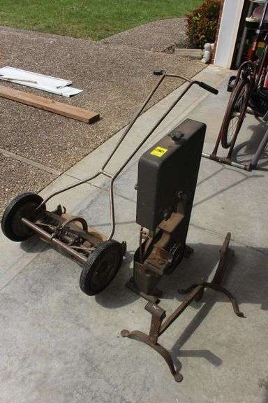 Reel Type Push Mower, Tomlee Tool Bandsaw, and (2) Andirons image