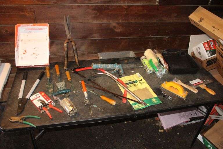 Paint Rollers, Caulk Gun, Paint Trays, Hand Saws, Sand Paper, Pruners, and Misc. image