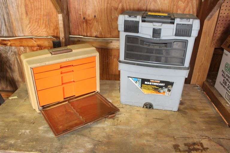 Mastercraft 2-Wheel Plastic Tool Box and 4-Drawer Plastic Tool Box and Contents image
