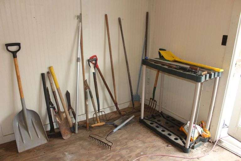 Rakes, Shovels, Pick, Pitch Fork, Tool Rack, and Misc Hand Tools image