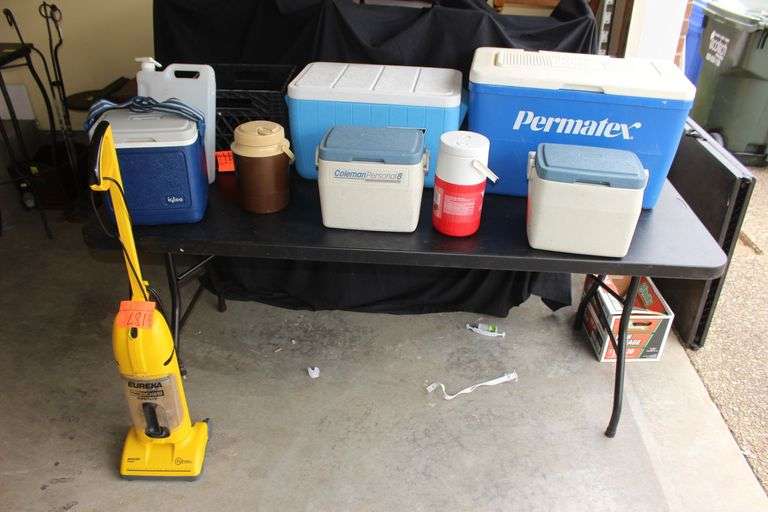 Permatex Cooler, (2) Coleman Coolers, Igloo Cooler, Eureka Vacuum, Milk Crate, Coleman and Gott Water Coolers, and 4 Liter Plastic Jug image
