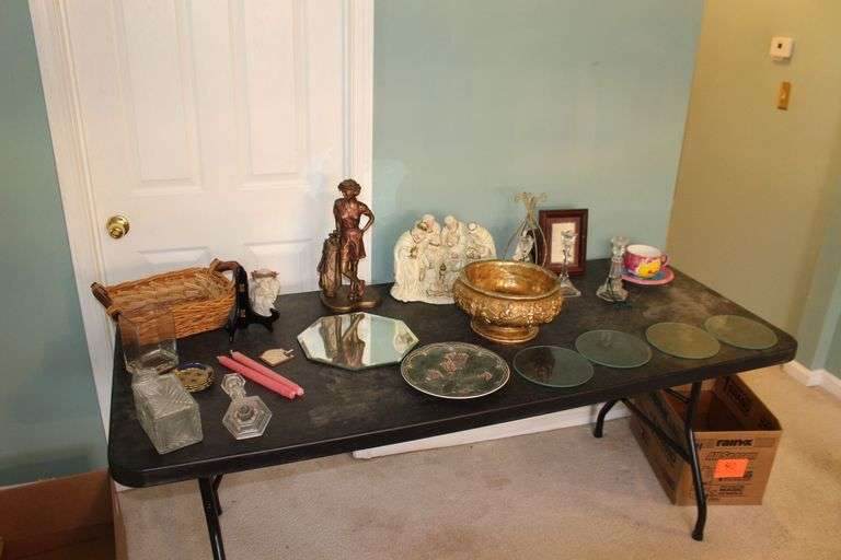 Figurines, Candle Stands, Wicker Basket, Decanter, Decorative Plate, Metal Angel Display Bowl, Glass Place Tops, and Misc. image