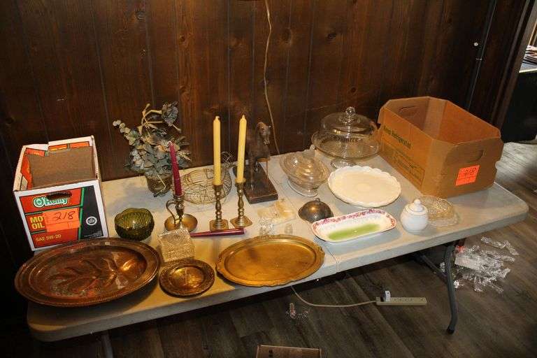 Candy Dishes, Silverplate Serving Tray, Candle Stands, Cake Plates, Pheasant on a Nest, Wooden Horse, Brass Serving Tray, and Misc Decorations image