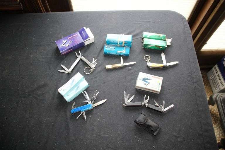 (3) Swiss Army Ski Patrol Knives, (3) Frost 2-Blade Knives, (2) Multi Tools, and (2) 2-Blade Key Chain Knives image