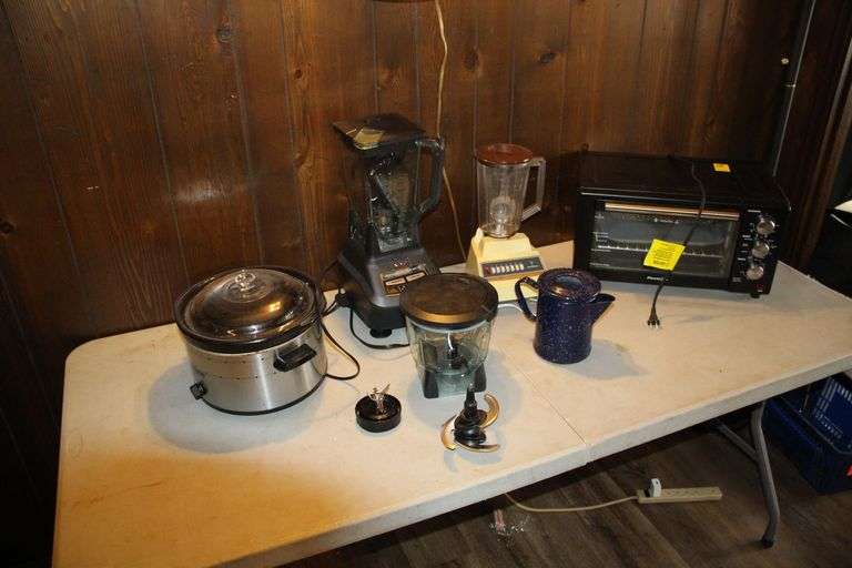 Power XL Toaster Oven, Ninja Blender and Attachments, Hamilton Beach Blender, Rival Crock Pot, Granite Ware Pitcher, and Misc. image