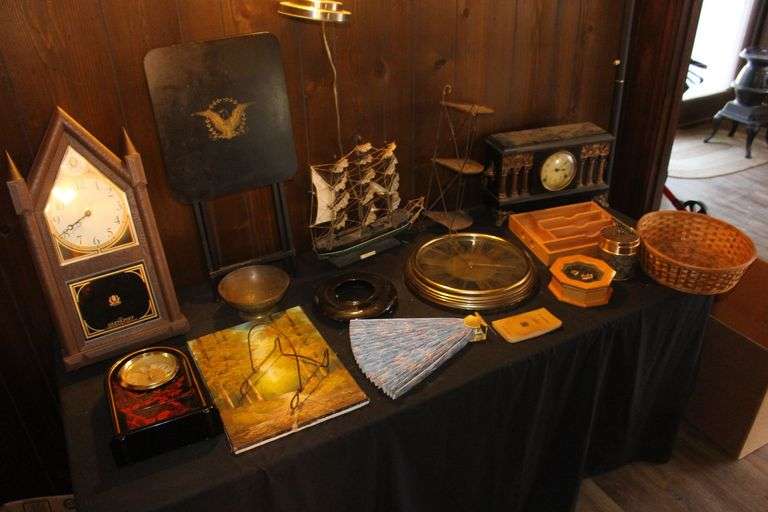 Clocks, Model Ship, Jewelry Box, Folding Table, and Misc. image