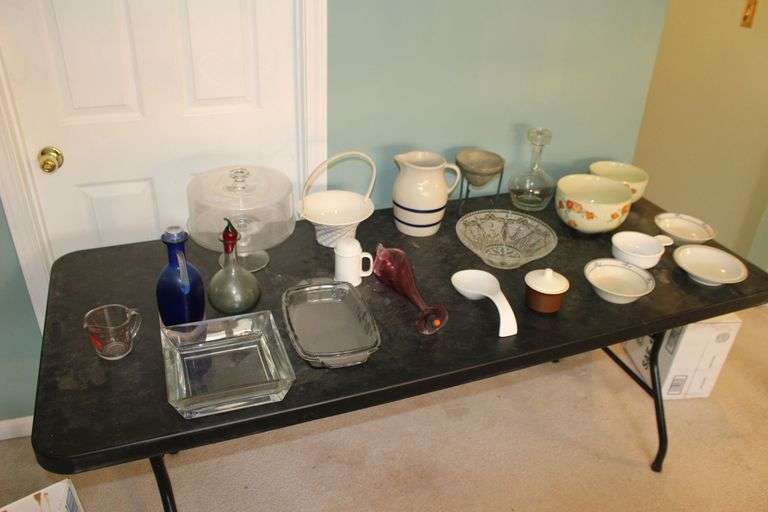 Cake Plate, Utensil Holder, Vases, Brick Oven and Colonial Stoneware Bowls, Hall's Decorative Bowls, 1 Cup Oven Basics Measuring Glass, and Misc. image