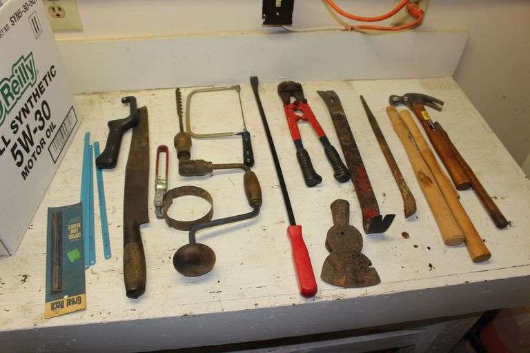 Wood Drill, Saw, Bolt Cutter, Hammer, Hatchet Head, Pry Bar, and Misc. image