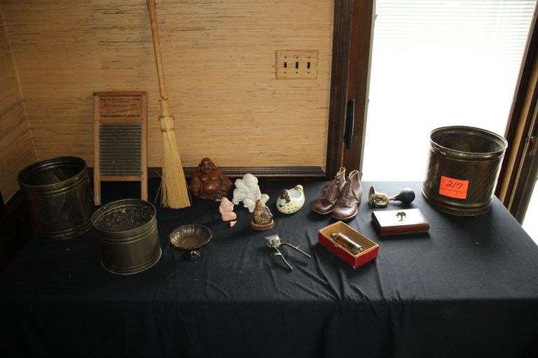 Washboard, (3) Waste Cans, Figurines, Candy Dish, Hair Clippers, Air Horn, Trinket Box, and Broom image