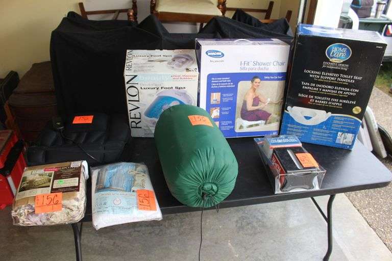Shower Chair, Body Pulse Heat Pad, Chair Slipcover, Sleeping Bag, Revlon Foot Spa, Napkin Dispenser, and Elevated Toilet Seat image