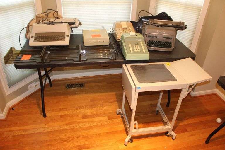 Royal and Remington Electric Typewriters, Adding Machines, Copier Paper Dispenser, Trays, and Cart Stand on Wheels image