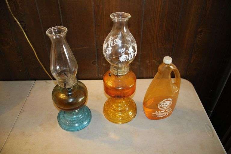 (2) Oil Lamps with Chimneys and Lamp Oil image