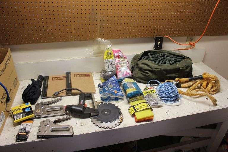Rope, Staplers, Staples, Blades, Steel Wool Pads, Umbrella, and Misc. image