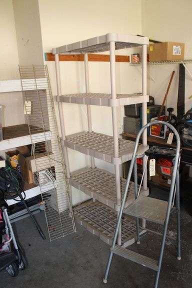 5 Section Plastic Shelf, Step Stool, and Metal Shelf image