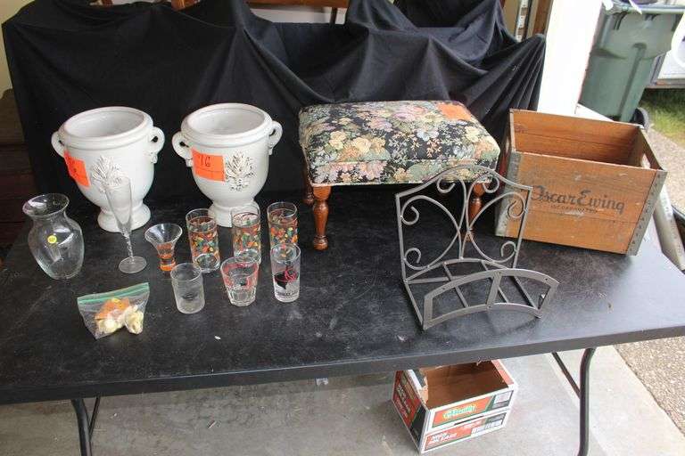 Kentucky Derby Shot Glass, Floral Footstool, Oscar Ewing Wooden Box, (2) Planter Pots, Vase, Water Hose Reel, and Misc. Glassware image
