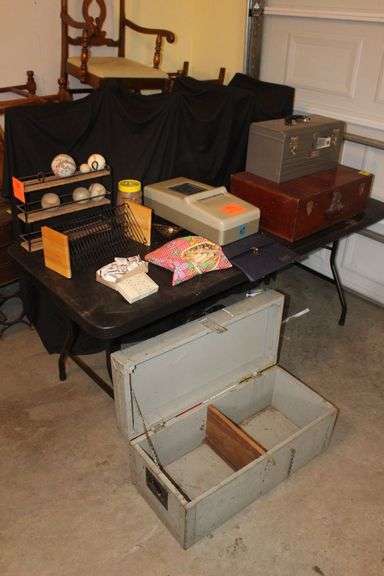Broadway Auto Supply Matches, Hano Crank Register, Spice Rack, Baseballs and Softball, Craftsman Metal Tool Box, Wooden Box, Wooden Tool Box, and Misc. image
