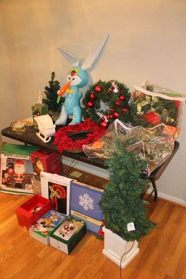 Wreaths, Christmas Trees, Sleighs, Inflatable Santa, Inflatable Bunny, Lights, and Misc. Christmas Decorations image