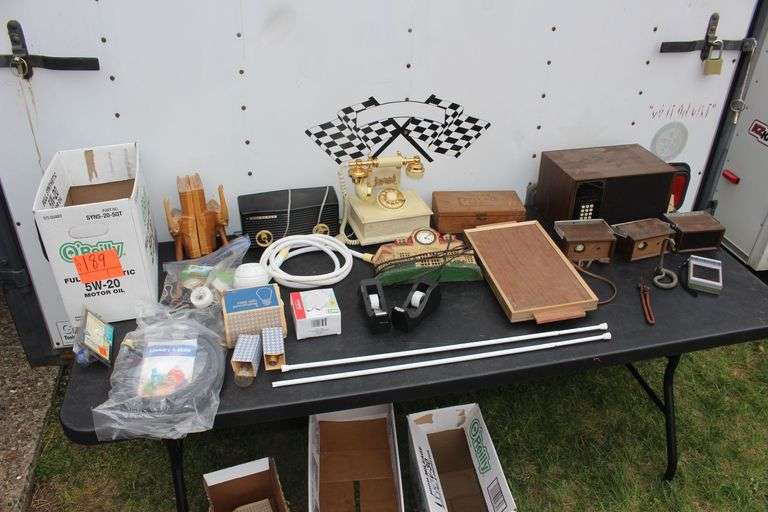 Telephone, Book Ends, Warmer, Shower Head, Motorola Radio, Alarm System, Pocket Radio, Tape Dispensers, and Misc. image