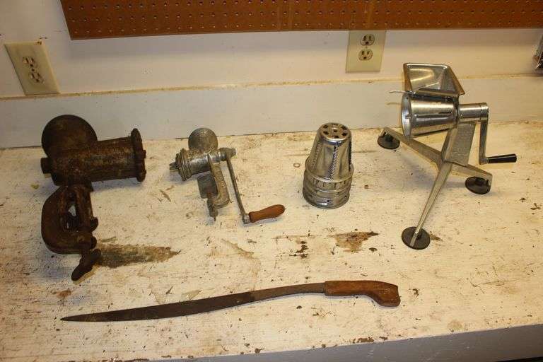 (2) Sausage Grinders, Saladmaster Food Processor with Cutting Cones, and Knife image