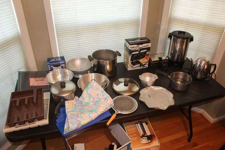 Percolator, Pots & Pans, Sandwich Maker, Silverware Trays, Drain Pans, Photo Album, and Misc. image
