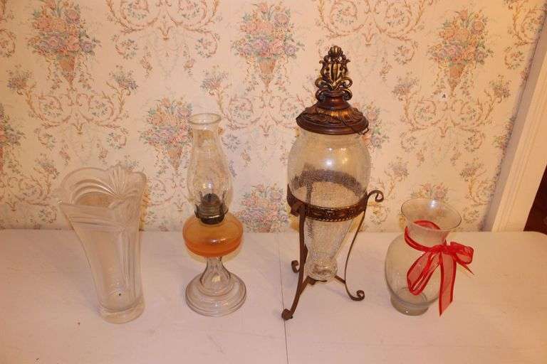 Oil Lamp with Globe and (3) Vases image
