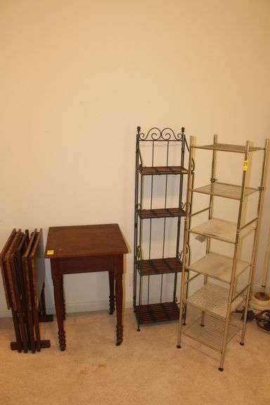 (4) TV Dinner Trays, Wooden End Table, and (2) Vertical Metal Shelves image
