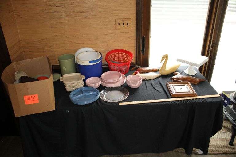 Rubbermaid Bowls and Plates, Framed Wall Clock, Yard Stick, Duck Wall Decor, Igloo Water Cooler, and Misc. image