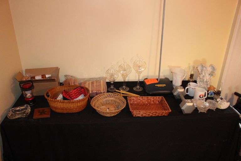 15 Lb. Weight, Milk Glass Pitcher, Oreck Sweeper, Angel Figurine, Coffee Mugs, Wicker Baskets, Hangers, and Misc. image
